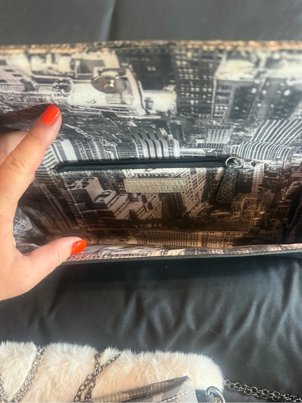 Kenneth Cole Reaction Black and Gray City-Print Foldover Clutch